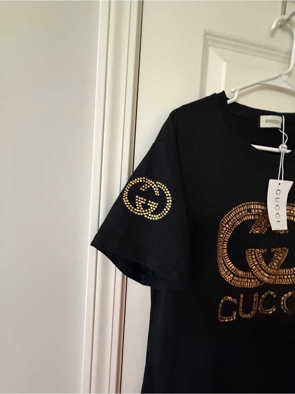 Black T-shirt Dress with Gold Logo Embellishment New With Tags Size Large - Picture 3 of 8